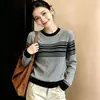 2026 Suéter Elegante para Mujer de Rayas Retro, Cuello Redondo, Tejido de Canalé, Manga Larga, Otoño Invierno, Estilo Nuevo, Adelgazante, Versátil