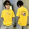 Camiseta de algodón 100% pura para niño, nueva de 2026, ropa infantil, imitación de dos piezas, manga larga, rayas, retazos, para primavera y otoño