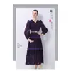 Vestido de Encaje con Cuello en V para Mujer Mangas Largas Tipo Farol Cinturón Ceñidor de Cintura Hueco Dobladillo Amplio Falda Larga Ropa de Mujer Europea y Americana Transfronteriza