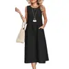 Comércio Exterior Transfronteiriço Europeu e Americano Amazon Site Independente Vestido Casual Casual Feminino Cor Sólida Gola Redonda Sem Mangas Bolso