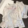 Pijama infantil fofo estilo simples com gola de boneca e bolinhas, coelho Mikko, conjunto de calça comprida e manga comprida, roupa de casa para estudantes