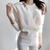 Suéter de Punto Estilo Coreano Suave y Elegante Cintura Ajustada Nuevo para Mujer Cuello Hombro Descubierto Falso Dos Piezas Color Sólido Diseño Jersey Chic