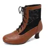 Botines de Encaje Patchwork con Punta Redonda y Tacón Medio para Mujer, Primavera y Otoño, Comercio Exterior, Tallas Grandes 38-13