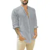 2026 Amazon Wish Aliexpress Cardigan de Lino Nuevo para Hombre Europeo y Americano Camisa Casual de Color Sólido con Cuello Mao de Manga Larga