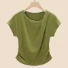 Camiseta Slim Lanjing TencelCamiseta Modal de Manga Curta para Mulheres, Novo Estilo 26 com Gola Diagonal Irregular, Cintura Marcada, Top de Ombro Regular