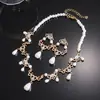 Brincos Colar Coração com Pérolas e Cristais de Diamante Corrente para Clavícula Estilo Corte Retro Acessório de Pescoço Levemente Luxuoso de Alta Qualidade para Mulheres