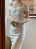 Vestido Francês Tomara que Caia, Caimento Justo, Banquete Noturno, Elegante, Comprimento Médio, Fenda Lateral de Um Ombro, Vestido de Comprimento Médio