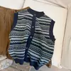 Nuevo estilo de otoño, cárdigan de punto con botones de cuello redondo, chaleco de punto jacquard a rayas de color bloqueado, retro étnico relajado para mujer
