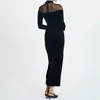 Vestido Bodycon Social de Renda Semi-Transparente com Manga Longa Ajustado na Cintura, Novo para o Outono de 2025, Estilo Socialite