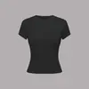 Camiseta Básica Estilo Kardashian Europeu e Americano Cor Sólida Gola Redonda Elástica Ombro Normal Manga Curta para Mulheres, Top de Verão Fino Cintura Ajustada