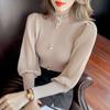 Suéter de Deseo Puro Top Ajustado Cuello Alto Medio para Mujer Primavera y Otoño Nuevo Tejido Chifón Manga Linterna Suéter Ajustado Estilo Occidental