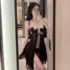 Sexy Camisón de Gasa con Lazo y Abertura Hueca con Tirantes, Espalda Descubierta Picante con Abertura, Lencería Apasionada de Malla, Ropa de Dormir Transparente