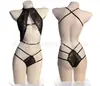 Lencería sexy transparente con encaje transfronterizo europeo y americano, cuello en V profundo con tirantes halter, conjunto erótico seductor todo en uno