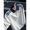 Moletom americano de três listras branco e cinza para homens, estilo outono/primavera, sem capuz, ombros caídos, mangas compridas, polo de base pesada