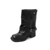 Botas de motocicleta femininas estilosas com fivela de cinto, bico redondo, salto grosso, botas da moda de cano médio, versáteis para todas as estações, botas estilosas de cano médio
