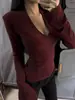 Camiseta Base Gola V Dupla Face Escovada com Costela Mousse Cashmere 270g com Senso de Design, Camiseta de Manga Longa para Mulheres, Top de Estilo Puro e Desejável