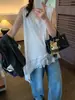 Chal de encaje con diseño blanco, cuello en V, patchwork irregular para mujer, top exterior chic de verano 2026 para mujer