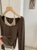 Camiseta de Manga Larga con Cuello Halter Ajustada para Mujer KEKEZOON Otoño Moda Diseño de Bloques de Color 9034