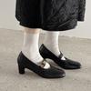 Zapatos Planos Retro de Boca Baja con Hebilla Metálica de Flor Decorada, Punta Redonda y Tacón Grueso para Mujer, Estilo Nuevo para Primavera y Otoño, Correa Francesa de Una Sola Línea, Tacón Bajo para el Trabajo