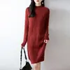 Vestido de punto 100% lana pura para mujer, nuevo suéter de otoño e invierno de longitud media con cuello semi-alto, falda gruesa hasta la rodilla