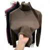Suéter grueso de punto con forro polar para mujer, cálido, una pieza, top de terciopelo, otoño e invierno, hilo, cuello alto, manga larga, tejido base, ropa interior