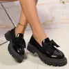 Comercio Exterior Transfronterizo Talla Grande 35-42 Mocasines Negros para Mujer, Zapatos de Cuero de Suela Gruesa con Lazo de Nicho, Zapatos Planos Retro para Mujer
