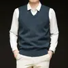 Chaleco de punto para hombre transfronterizo, ropa de negocios casual para hombre, 6% lana, otoño e invierno, color liso, patrón jacquard, cuello en V, suéter sin mangas
