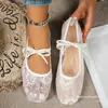 Nuevos Zapatos Planos de Encaje Estilo Hada con Diseño Hueco para Mujer, Zapatos de Malla Baja con Cordones Cuadrados para Comercio Exterior