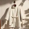 Elegante Capa de Tricô com Mangas para Senhora, Casaco de Lã da Moda para Mulheres, Comprimento Médio, Patchwork, Gola Alta, Jaqueta de Lã Estilo Casual