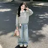 Sudadera con Patchwork y Ribete de Encaje para Niñas, Cuello Polo, Conjunto Casual de Dos Piezas para Primavera/Otoño con Jeans
