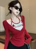 Algodão Estilo Americano Estampa de Garota Popular Falso Duas Peças Manga Longa 7082 Camiseta Falso Duas Peças Estilo Americano