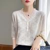 Verão Decote V Lyocell Tencel Tricotado Manga Curta Feminino Bordado Vazado Crochê Top Solto Manga Média Camiseta Base