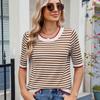 Comercio Exterior Transfronterizo Europeo y Americano Ropa de Mujer Verano Amazon Camiseta de Punto Rayada Manga Corta Seda de Hielo Contraste de Color Estilo Academia Británica