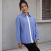Comércio Exterior Transfronteiriço AliExpress estilo vintage de primavera gola virada dois bolsos solta cor clássica em blocos manga longa listrada camisa