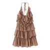 Atacado Primavera 2026 Novo Vestido Feminino Estilo Europeu e Americano com Decote Halter Transparente e Decoração em Camadas 26130