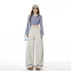 Calça Jeans Wide Leg Bege Estilo Vintage para Mulheres, Nova Primavera de Cintura Alta Reto Emagrecedora Solta Comprimento Total para Outono e Inverno