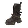 Botas de cordones para mujer de estilo coreano, nuevas, con suela gruesa, que aumentan la altura, con hebilla de cinturón, moda primavera/otoño 2026, botas de media pantorrilla para mujeres bajitas