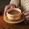 Taza de Café de Cerámica Girada en Horno Retro Japonés con Platillo Set Arte Latte Taza para Latte Taza de Agua Taza para Desayuno en Casa
