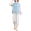Traje de lino y algodón retro artístico de estilo occidental suelto de talla grande estilo coreano para madre, traje de verano de dos piezas para mujer, antiedad