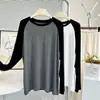 Camiseta Retrô Color Block de Manga Raglan Fina para Primavera e Outono Feminina Solta e Mais Fácil de Combinar Camisa Básica Modal Manga Longa Casual Slim