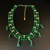 Collar Largo Vintage de Perlas de Vidrio Multicapa Verde Cristal con Incrustaciones de Diamantes Versátil para el Trayecto Diario