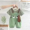 Overol a Rayas de Manga Corta para Niños Lindo Conjunto Bebé Nuevo Verano Dibujos Animados Casual Elegante Conjunto de Dos Piezas