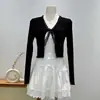 Suéter de Punto Patchwork de Encaje Estilo Francés con Cuello en V para Mujer, Nuevo Modelo Primavera/Verano, Elegante y Adelgazante, Prenda de Abrigo Versátil con Diseño Único de Lazos