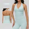 Top de ioga com decote halter profundo em V para mulheres, com bojos fixos, suporte lateral para os seios, toque refrescante, sem mangas, costas bonitas, corte justo e sutiã esportivo modelador