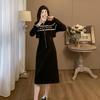 Vestido Negro Estilo Deportivo para Mujer Primavera Elegante Maduro Ligero Estilo Hong Kong Moda Casual Diseño Sensorial Falso Dos Piezas Vestido Largo