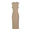 26086-26 Otoño Chica Caliente Estilo Básico Cuello Redondo Pequeño Alta Elasticidad Tejido de Punto Costilla Cintura Ceñida Abertura Vestido Largo Vestido de Tirantes