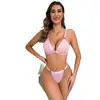Conjunto de Lingerie Sexy de Renda Transparente para Mulheres, Sutiã de Aro Metálico Vermelho com Bojo Triângulo e Tanga, Conjunto Erótico de Duas Peças