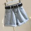 Shorts jeans cinza fumaça feminino verão 2021 novo estilo coreano cintura alta emagrecedor barra dobrada hot pants calças pantalona linha A