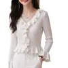 Nuevo Suéter de Punto con Cuello Volante Blanco para Mujer Otoño Manga Larga Adelgazante Vintage