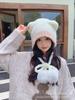 Corea del Sur Otoño e Invierno Contraste de Color Sombrero de Felpa con Orejas de Oso Lindo Bola de Pelo con Cordones Grueso Cálido Protección para las Orejas Sombrero de Punto para Mujer